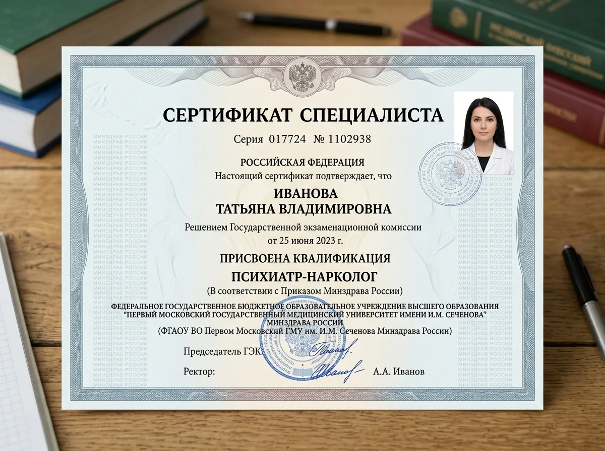 Сертификат специалиста психиатра-нарколога — документ с печатью медицинского образовательного учреждения, официальный бланк