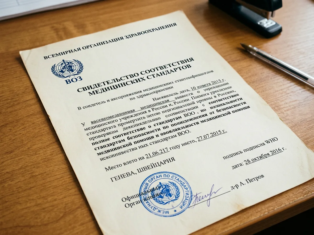 Свидетельство соответствия медицинских стандартов ВОЗ — документ с логотипом организации здравоохранения на официальном бланке